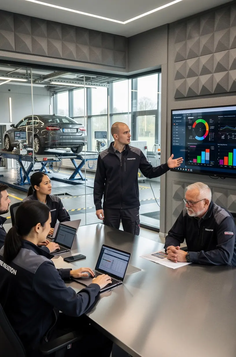 Fahrzeug auf Hebebühne während computergestützter Inspektion mit präziser Datenerfassung.