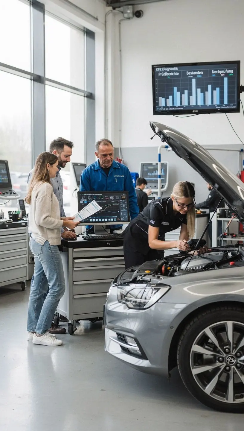 Kundengespräch über die Ergebnisse der computergestützten Fahrzeuguntersuchung.